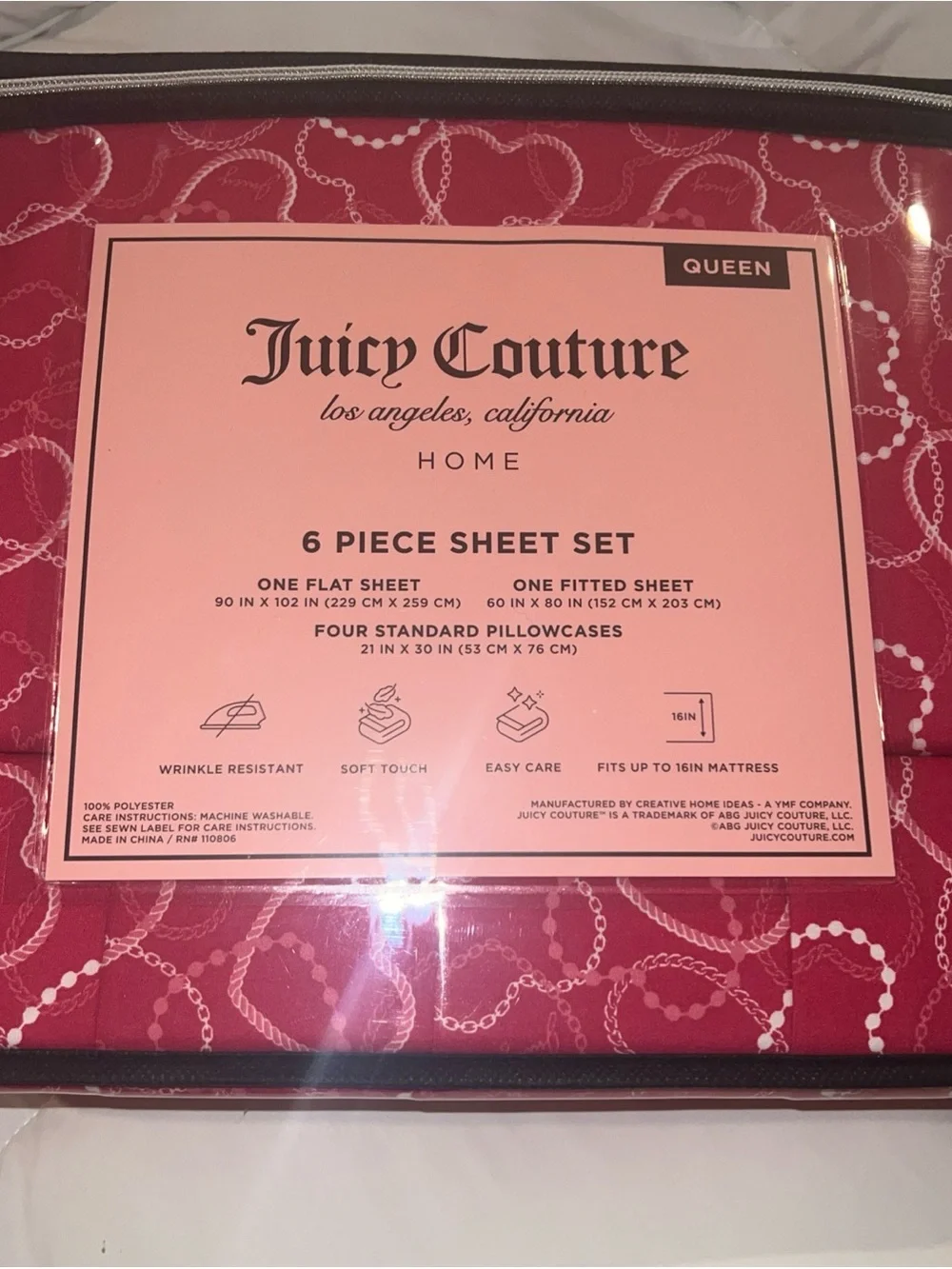 Juicy Couture 6 Piece Sheet Set  Queen Heart Motif Pink